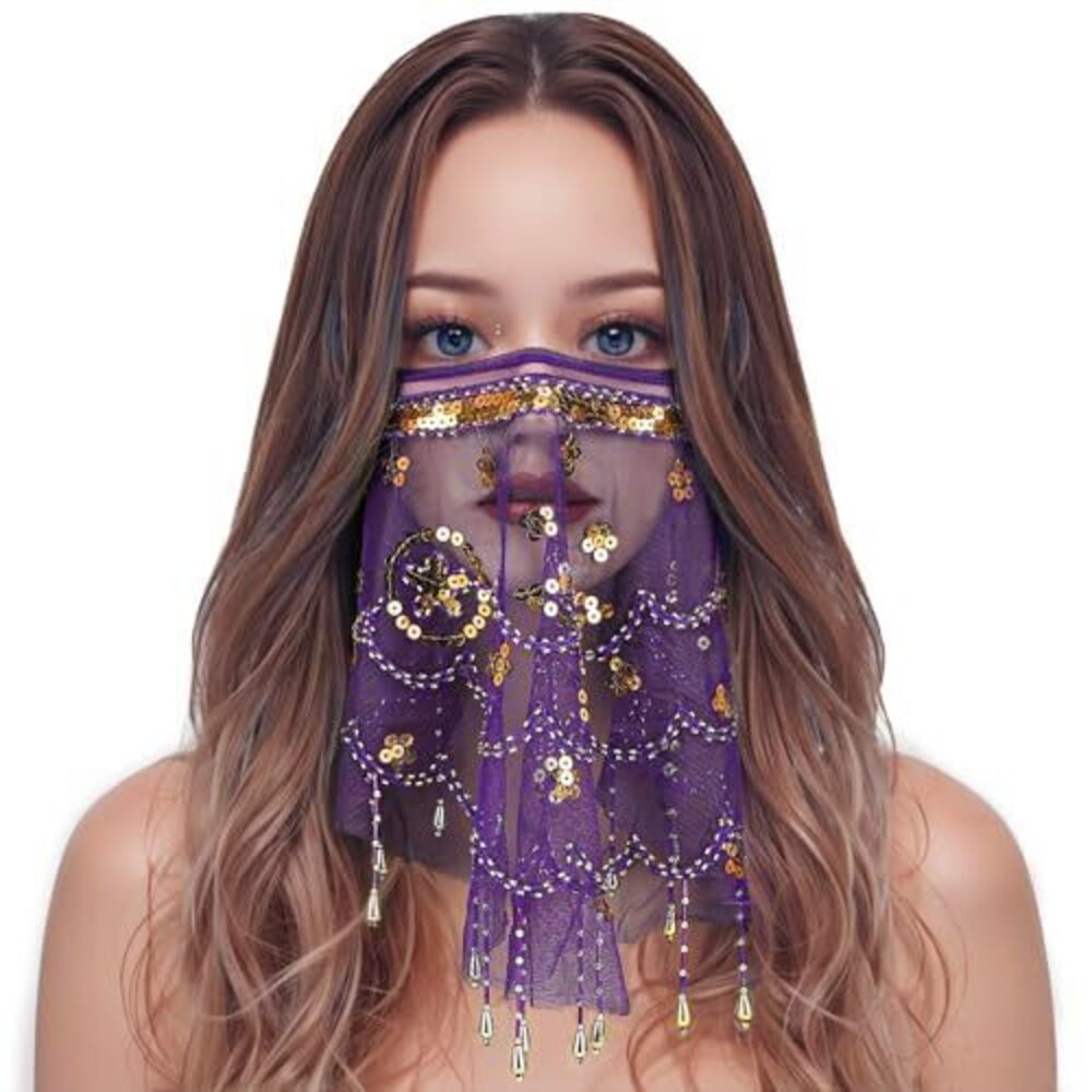 1415 Belly Dance Face Veil, Belly Dance Tribal Face Veil with Sequins
